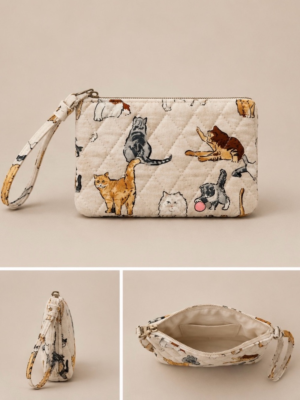 Vera Bradley Cream Quilted Wristlet with Multicolor Cat Print